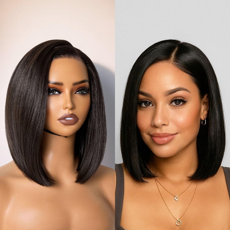 GORGIUS Black Bob Lace Front Wig Glueless Straight Short Wigs Upgrade with Human-Hair-Like Sythetic Hair Pre Cut Pre Plucked Side Part Hairline 12 Inch - Image 1