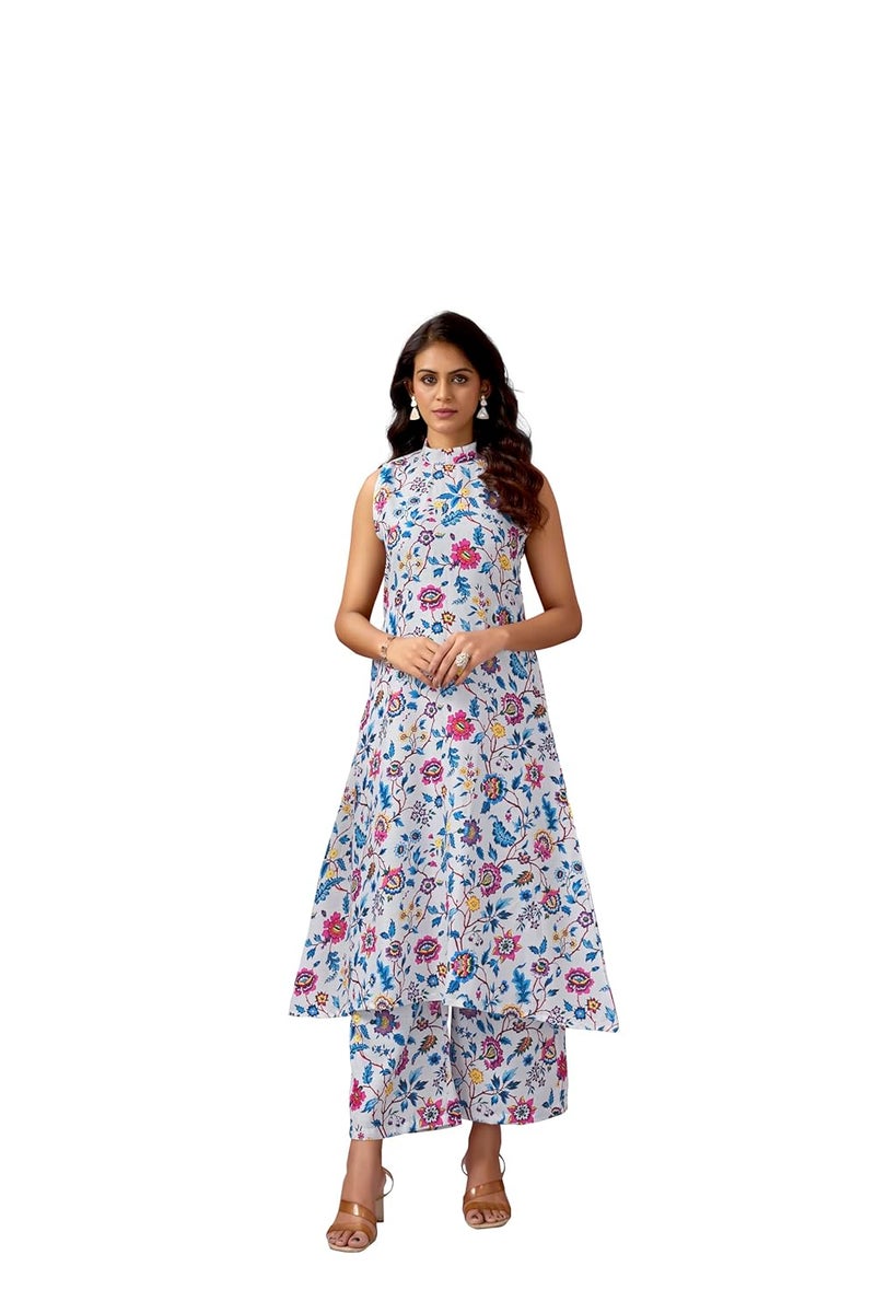 STUNNGIRL Timeless Elegance ستونغ جيرل أناقة خالدة طقم قطن مزخرف بأكمام بدون مع جيوب، قميص طويل مع بنطلون، أبيض متعدد الألوان ملابس كاجوال - Image 1