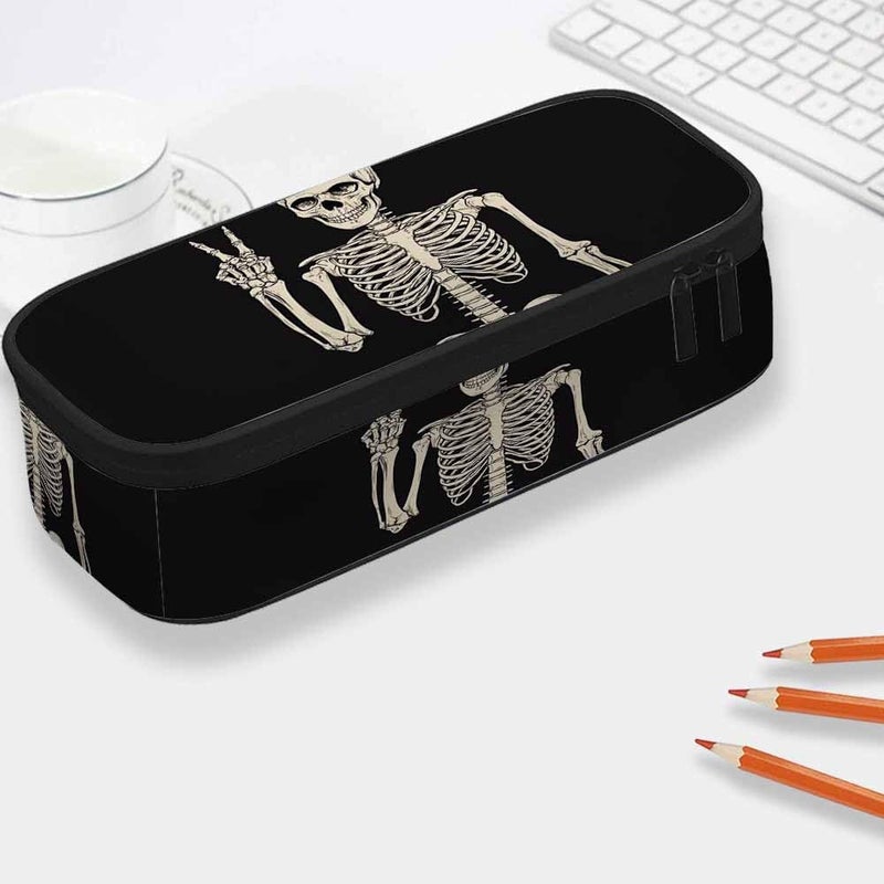 Yekiua Human Skeleton Posing Pen Bag Rock Roll Skull Boho Hippie Large Pencil Case Big Capacity Pencil Pouch Pencil Holder Black - Image 2