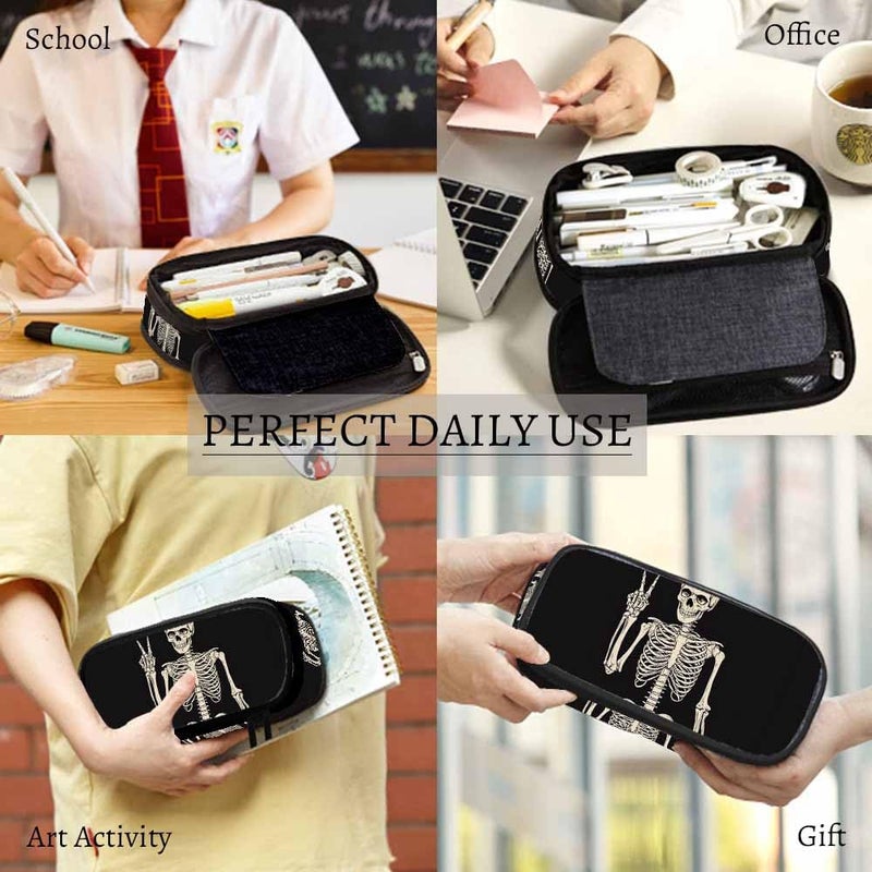 Yekiua Human Skeleton Posing Pen Bag Rock Roll Skull Boho Hippie Large Pencil Case Big Capacity Pencil Pouch Pencil Holder Black - Image 4