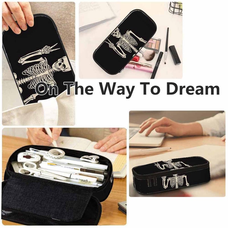 Yekiua Human Skeleton Posing Pen Bag Rock Roll Skull Boho Hippie Large Pencil Case Big Capacity Pencil Pouch Pencil Holder Black - Image 5