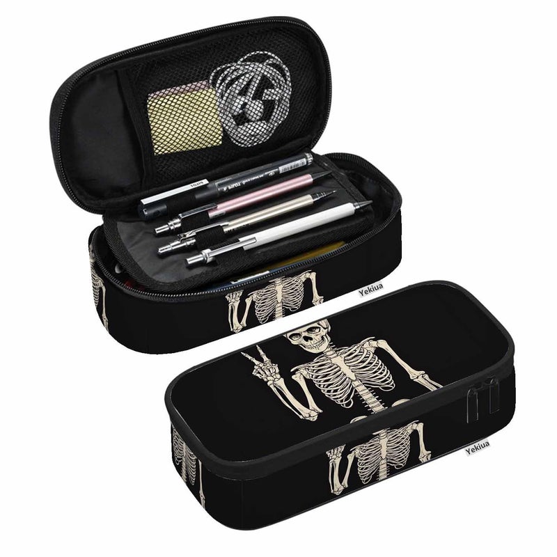 Yekiua Human Skeleton Posing Pen Bag Rock Roll Skull Boho Hippie Large Pencil Case Big Capacity Pencil Pouch Pencil Holder Black - Image 1