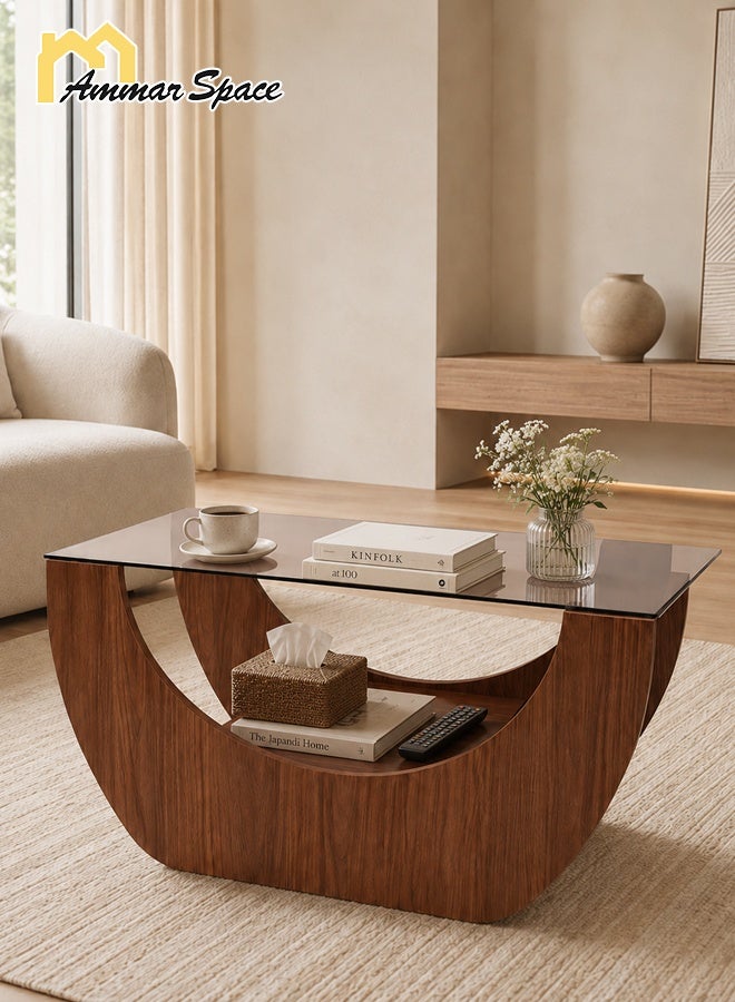 Ammar Space Modern Coffee Table, 100 x 50 x 45 cm Wooden Center Table with Tempered Glass Top, Contemporary Living Room Tea Table, Decorative Sofa Table for Majlis, Lounge, Apartment and Reception Room - Image 1