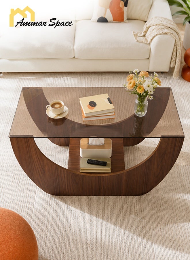Ammar Space Modern Coffee Table, 100 x 50 x 45 cm Wooden Center Table with Tempered Glass Top, Contemporary Living Room Tea Table, Decorative Sofa Table for Majlis, Lounge, Apartment and Reception Room - Image 2