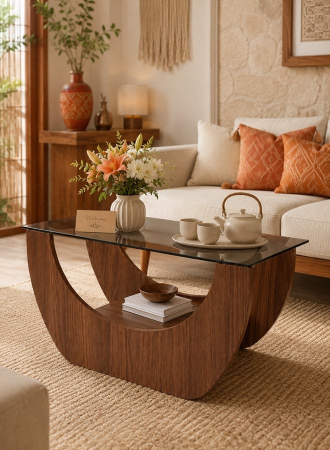 Ammar Space Modern Coffee Table, 100 x 50 x 45 cm Wooden Center Table with Tempered Glass Top, Contemporary Living Room Tea Table, Decorative Sofa Table for Majlis, Lounge, Apartment and Reception Room - Image 3