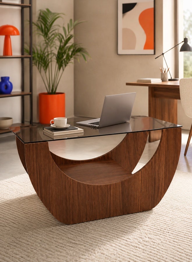 Ammar Space Modern Coffee Table, 100 x 50 x 45 cm Wooden Center Table with Tempered Glass Top, Contemporary Living Room Tea Table, Decorative Sofa Table for Majlis, Lounge, Apartment and Reception Room - Image 4