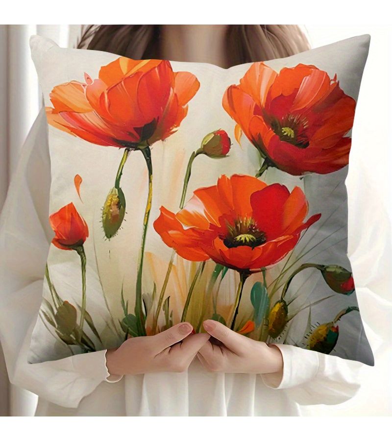 1 Pc Red Poppy Flower Oil Painting Throw Pillow Cover 20x20 Inch Polyester With Zipper Machine Washable Skin Friendly Cushion Cover For Bed Sofa And Lounge Chair Gift Decoration - Image 1