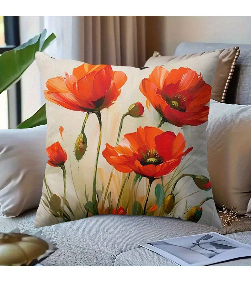 1 Pc Red Poppy Flower Oil Painting Throw Pillow Cover 20x20 Inch Polyester With Zipper Machine Washable Skin Friendly Cushion Cover For Bed Sofa And Lounge Chair Gift Decoration - Image 2