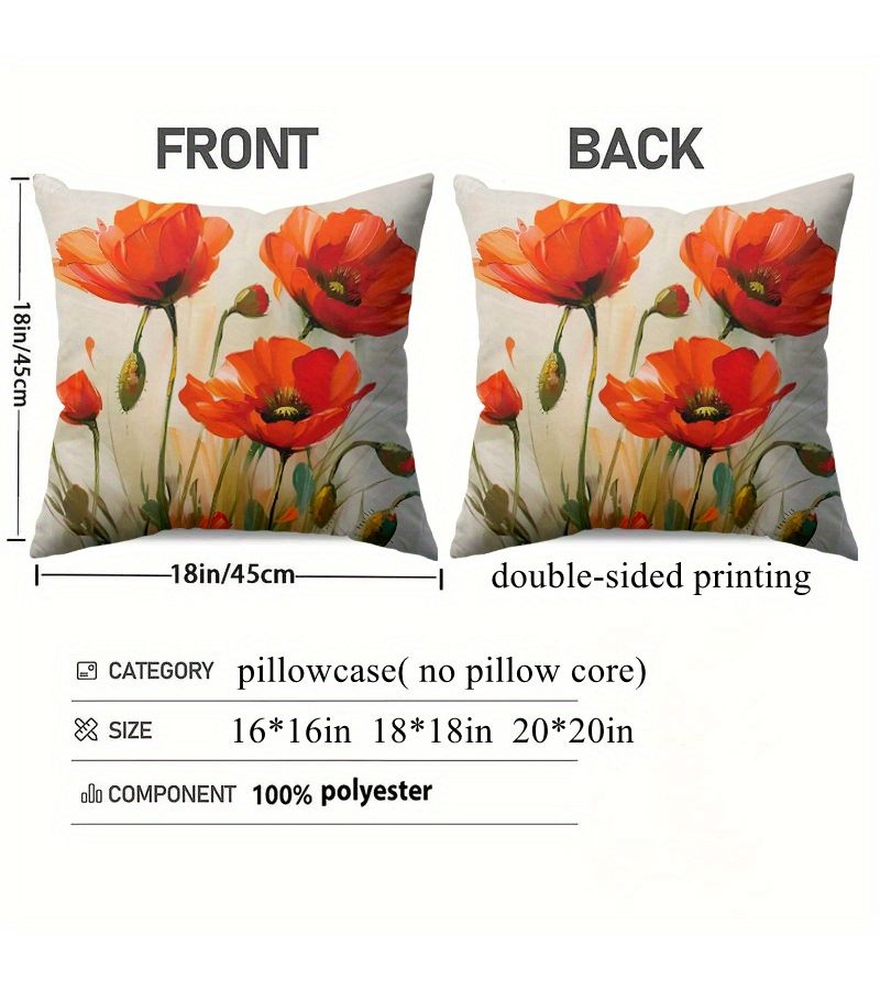 1 Pc Red Poppy Flower Oil Painting Throw Pillow Cover 20x20 Inch Polyester With Zipper Machine Washable Skin Friendly Cushion Cover For Bed Sofa And Lounge Chair Gift Decoration - Image 4