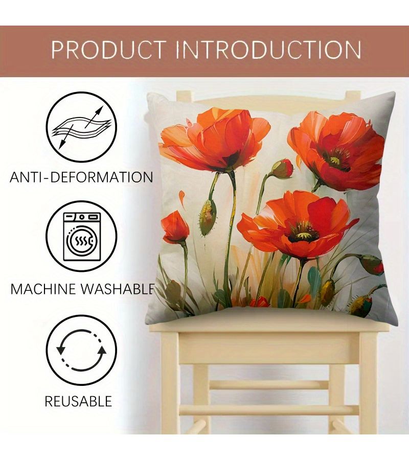 1 Pc Red Poppy Flower Oil Painting Throw Pillow Cover 20x20 Inch Polyester With Zipper Machine Washable Skin Friendly Cushion Cover For Bed Sofa And Lounge Chair Gift Decoration - Image 3