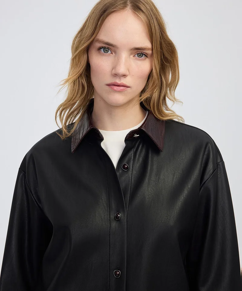 Ipekyol  Contrast Collar Leather-Effect Shirt for Women | Best Price UAE