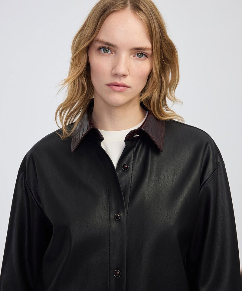 Ipekyol Contrast Collar Leather-Effect Shirt - Image 4