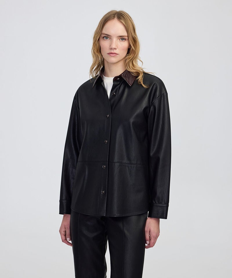 Ipekyol Contrast Collar Leather-Effect Shirt - Image 1