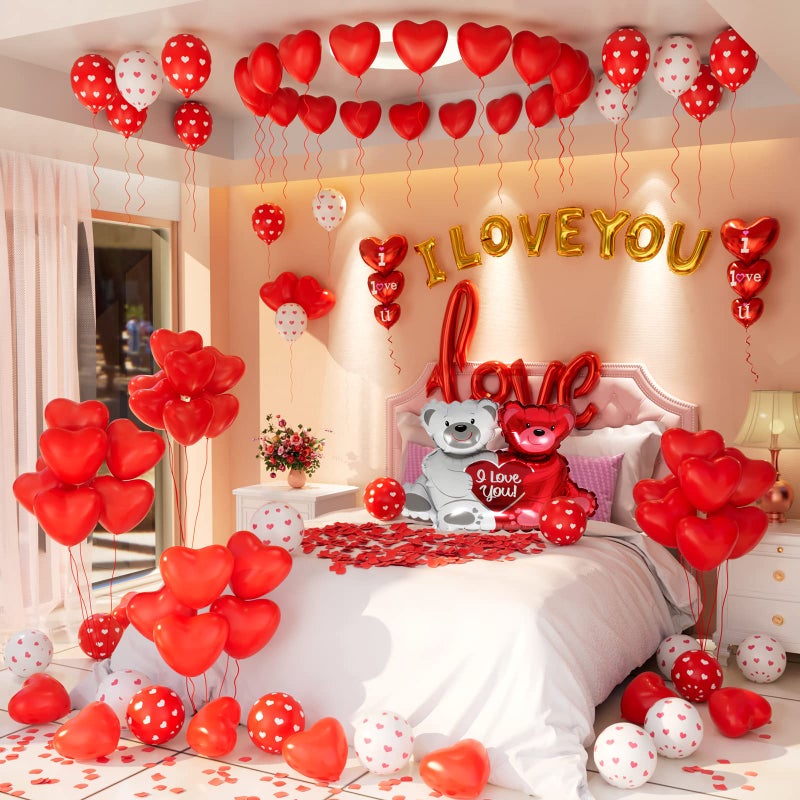 AobkDeco Valentines Day Balloons Decorations I Love You Balloons and Heart Balloons Kit with 1000Pcs Red Silk Rose Petals Flower Decoration LoveBear Heart Print Balloons Banner for Valentine Party Decorations - Image 3