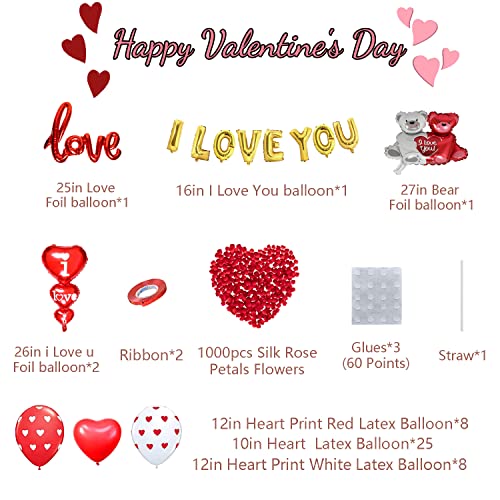 AobkDeco Valentines Day Balloons Decorations I Love You Balloons and Heart Balloons Kit with 1000Pcs Red Silk Rose Petals Flower Decoration LoveBear Heart Print Balloons Banner for Valentine Party Decorations - Image 5
