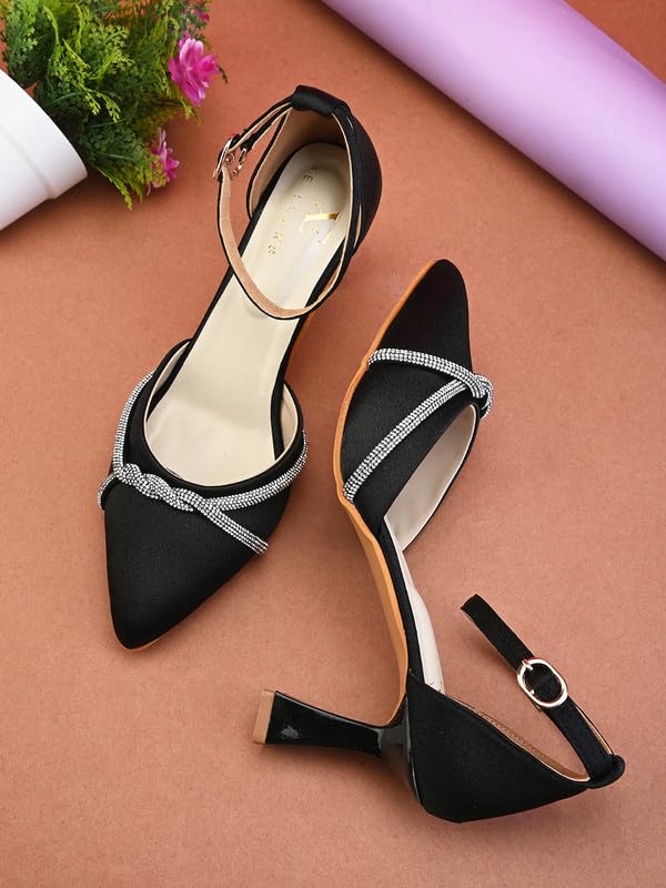 XE Looks Black Women's Fashion Sandals | Faux Leather Attractive and Trendy Block Heel | or Wedding Occasion Heel Height 3inch| For Women & Girls - Image 2