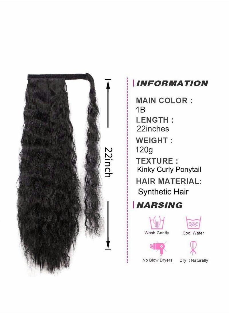 SYOSI - Ponytail Hairpieces, Long Corn Wave Extension Magic Paste Heat Resistant Wavy Synthetic Wrap Around Black Hairpiece for Women 22 Inch - Image 1