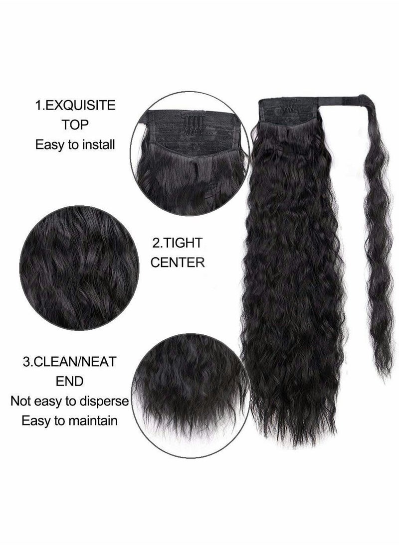 SYOSI - Ponytail Hairpieces, Long Corn Wave Extension Magic Paste Heat Resistant Wavy Synthetic Wrap Around Black Hairpiece for Women 22 Inch - Image 1