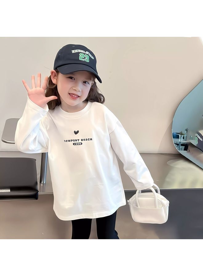 Girls' Long-sleeved Tops Spring & Fall New White Cartoon Printed Round Neck Tops Baby Fashionable Casual Bottoming Shirts