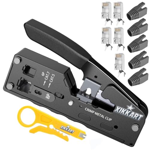 XIKKART Cat7 RJ45 Crimping Tool Kit | Passthrough Ethernet Crimper with Wire Stripper & Cutter | Compatible with Cat7, Cat6a, Cat6, Cat5e | Includes 10 Connectors & Boots | Cable Installation Tool Set - Image 1