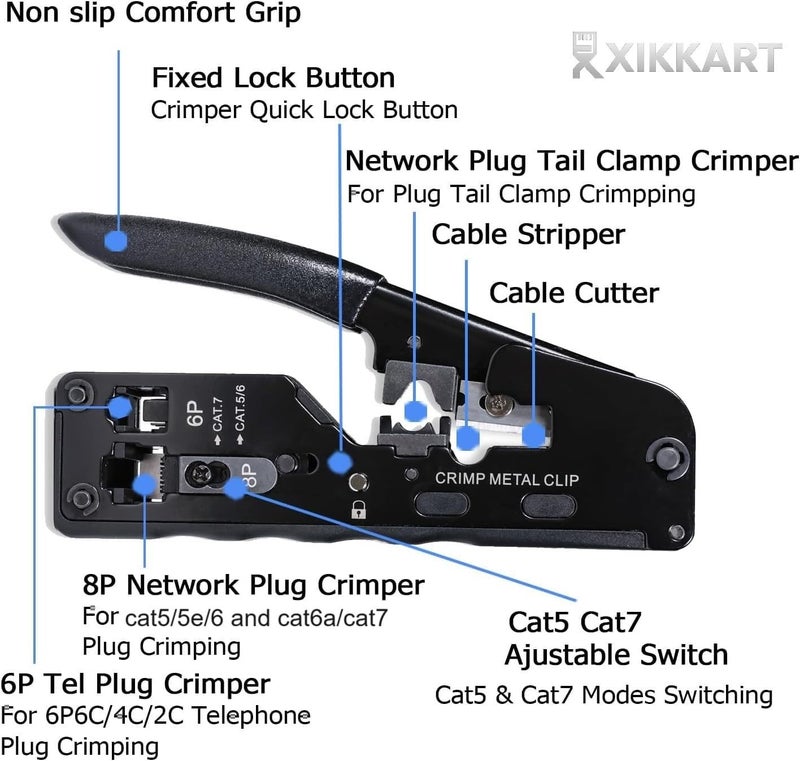 XIKKART Cat7 RJ45 Crimping Tool Kit | Passthrough Ethernet Crimper with Wire Stripper & Cutter | Compatible with Cat7, Cat6a, Cat6, Cat5e | Includes 10 Connectors & Boots | Cable Installation Tool Set - Image 4