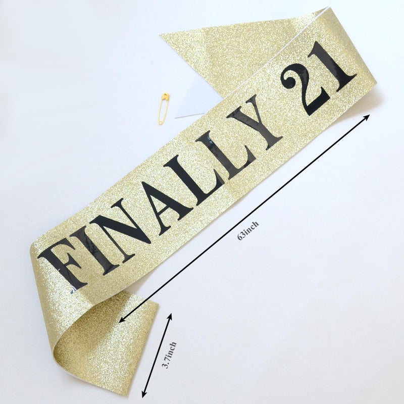 Luwigs Finally 21 Birthday Sash with Glitter Gold Sash with Black Foil 21st Birthday Decoration Sash for Men and Women Bday Party Favors Supplies (Gold) - Image 2