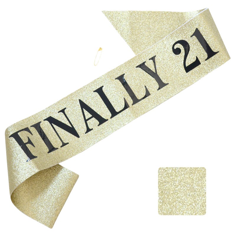 Luwigs Finally 21 Birthday Sash with Glitter Gold Sash with Black Foil 21st Birthday Decoration Sash for Men and Women Bday Party Favors Supplies (Gold) - Image 1