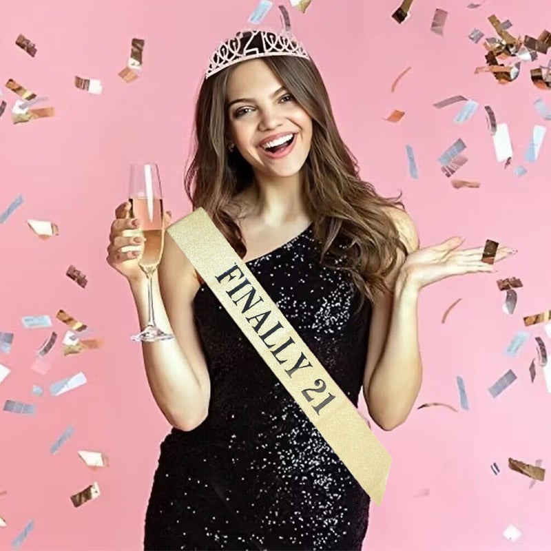 Luwigs Finally 21 Birthday Sash with Glitter Gold Sash with Black Foil 21st Birthday Decoration Sash for Men and Women Bday Party Favors Supplies (Gold) - Image 5