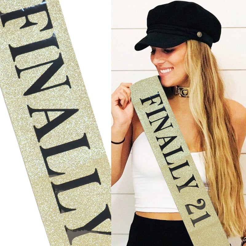Luwigs Finally 21 Birthday Sash with Glitter Gold Sash with Black Foil 21st Birthday Decoration Sash for Men and Women Bday Party Favors Supplies (Gold) - Image 3