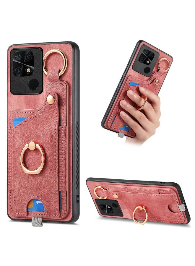 Green Tiger For Redmi 10C Retro Skin-feel Ring Card Bag Phone Case with Hang Loop(Pink)