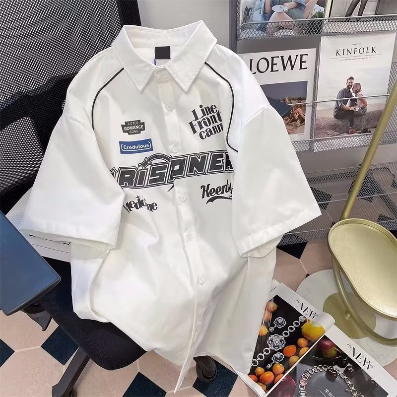 American-style Retro hiphop National Fashion Tooling Short-sleeved Shirt Mens Summer Loose High-end Ins Hong Kong-style Coat Top White