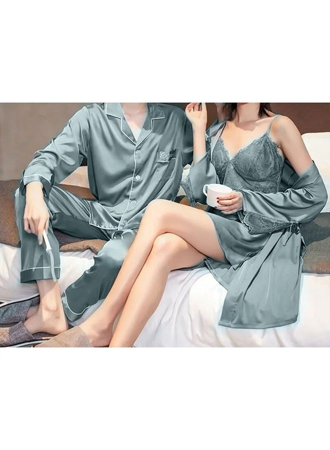 MARGOUN Summer Ice Silk XXXL Men Pajamas XL Women Lace Trim Robe Set Home Service Suit Casual Couple Sleepwear Nightwear Cactus Green - Image 3