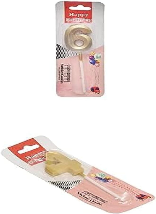 Small birthday glitter candle with number 6 design for cake decoration - gold + Small birthday glitter candle with number 4 design for cake decoration - gold