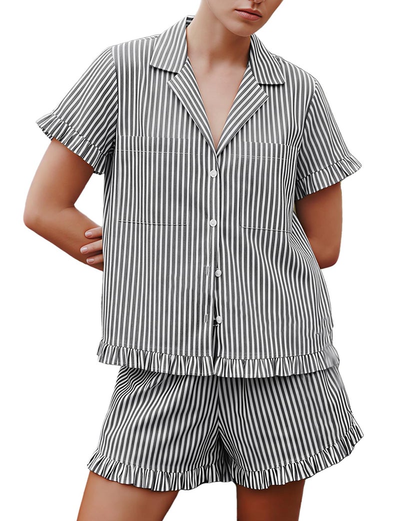 Arssm Womens Striped Pajama Sets 2 Piece Cotton Pjs Sets Short Sleeve Button Down Shirts and Shorts Sleepwear(Grey-L) - Image 1