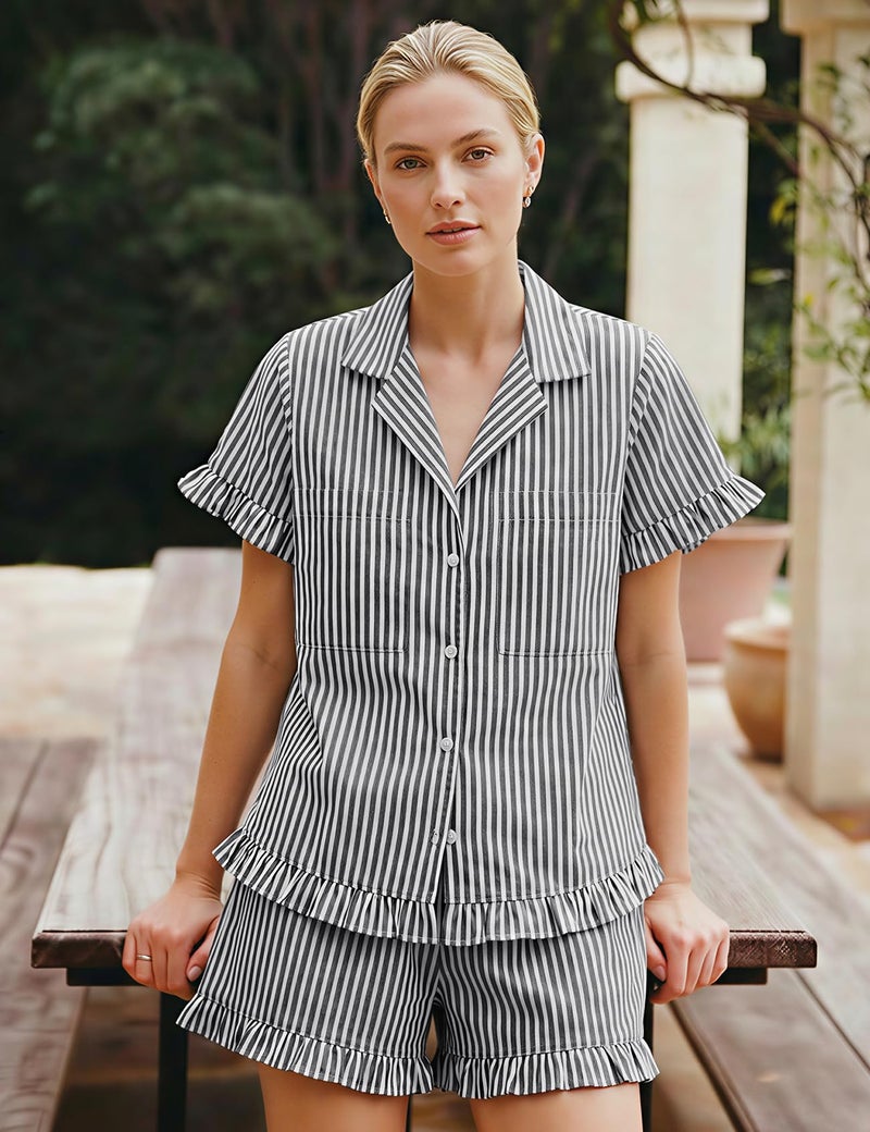 Arssm Womens Striped Pajama Sets 2 Piece Cotton Pjs Sets Short Sleeve Button Down Shirts and Shorts Sleepwear(Grey-L) - Image 3
