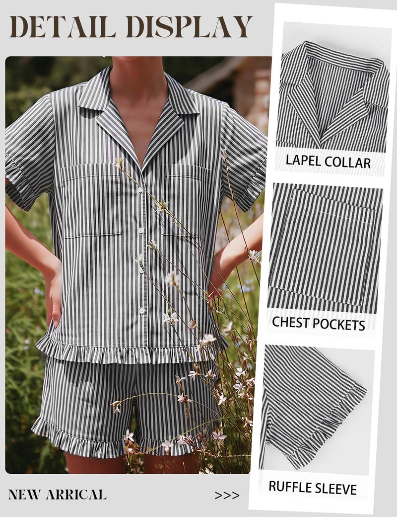 Arssm Womens Striped Pajama Sets 2 Piece Cotton Pjs Sets Short Sleeve Button Down Shirts and Shorts Sleepwear(Grey-L) - Image 5