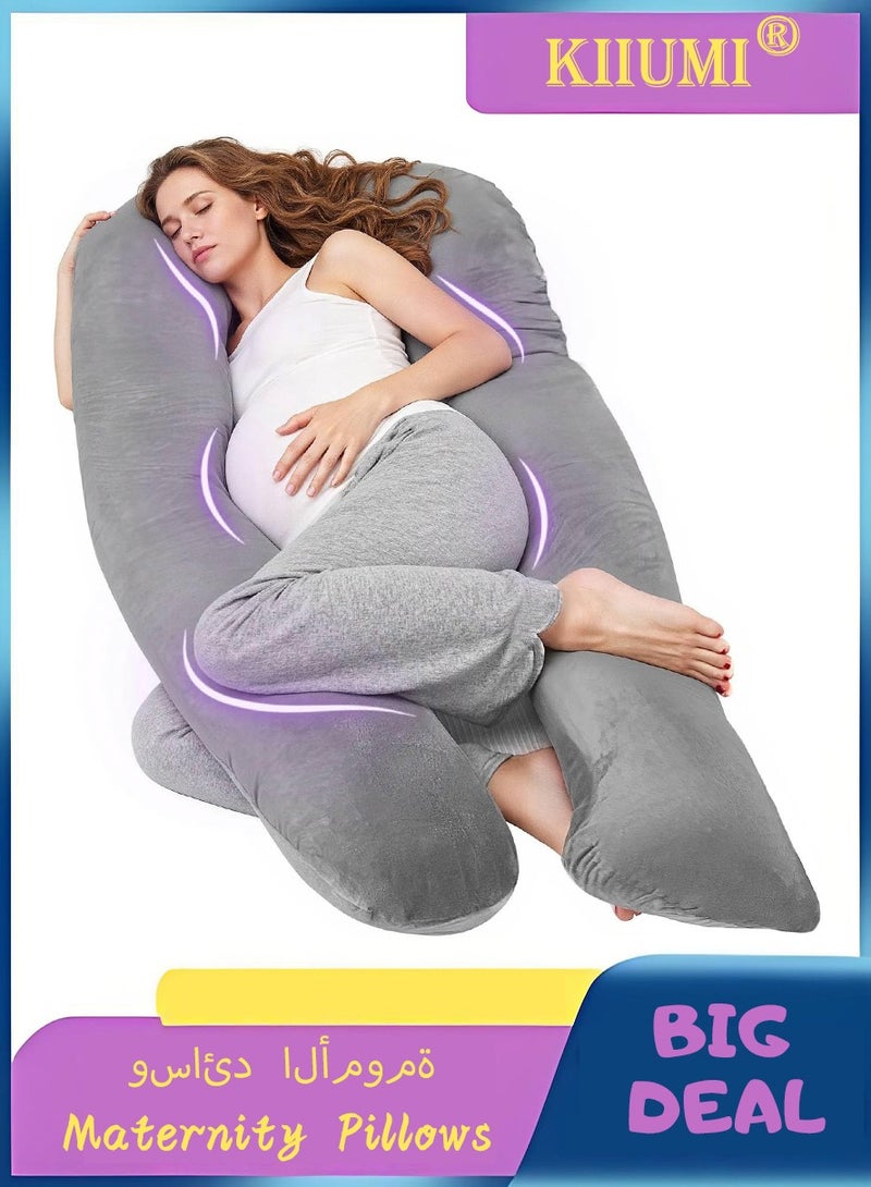 KIIUMI Comfort Pregnancy Maternity Body Support-Nursing U Shape Pillow Velvet, 130 x 70cm - Grey Velvet Grey 130 x 70cm - Image 1