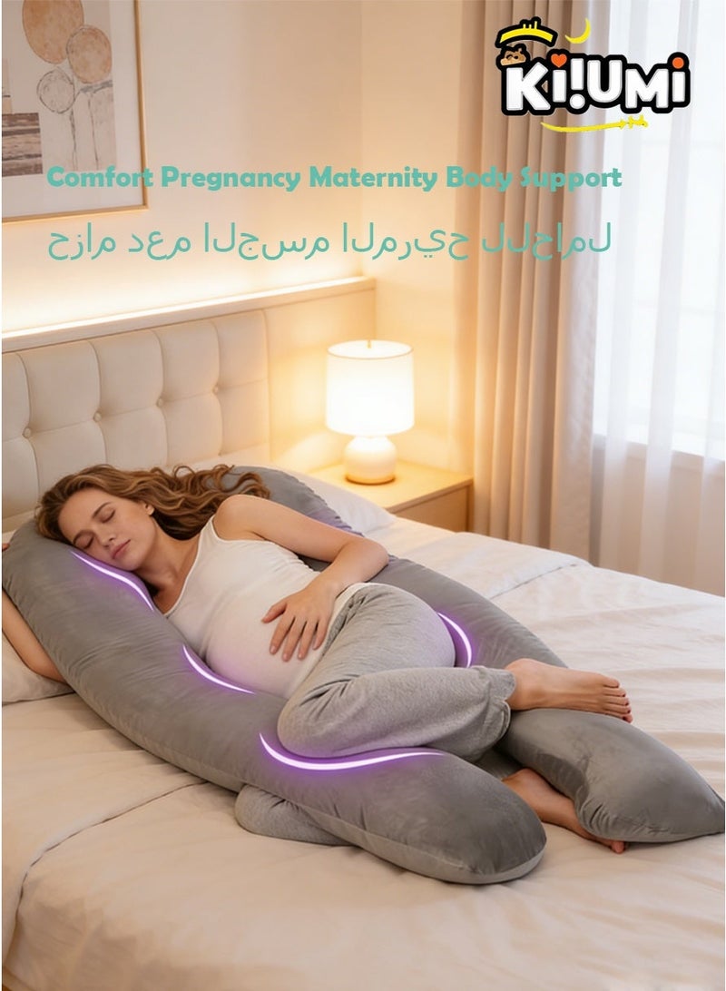 KIIUMI Comfort Pregnancy Maternity Body Support-Nursing U Shape Pillow Velvet, 130 x 70cm - Grey Velvet Grey 130 x 70cm - Image 1
