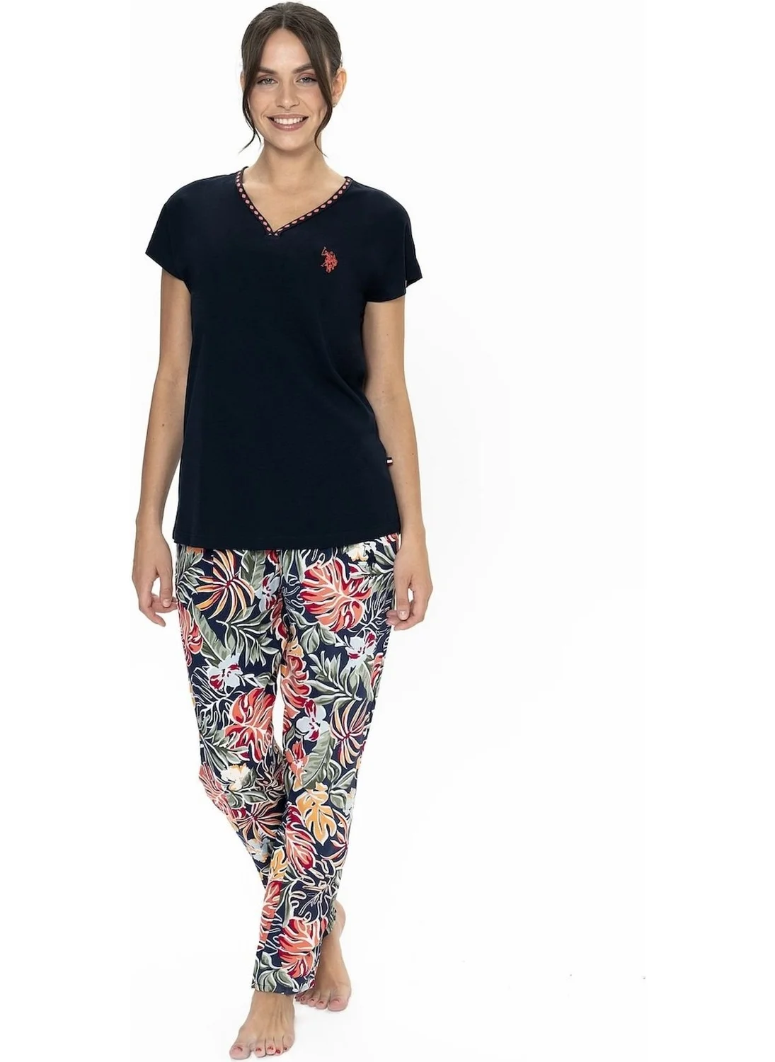 يو اس بولو اسن 20026 Women's Short Sleeve V-Neck Pajama Set-Navy Blue