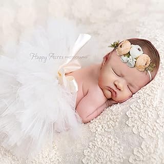 OOSAKU OOSAKU Newborn Photography Props Outfits Baby Tutu Skirt Cute Baby Girl Floral Headbands Set for Infants White  - Image 1
