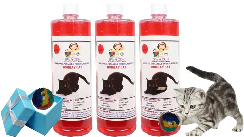 swacch Bombay Cat Shampoo + Rubber Musical Ball I Chew Playing Rubber Ball I Interactive Cat Toy Balls I Training & Play I Combo Pack I 1 Litre Pack of 3 Jasmine - Image 1