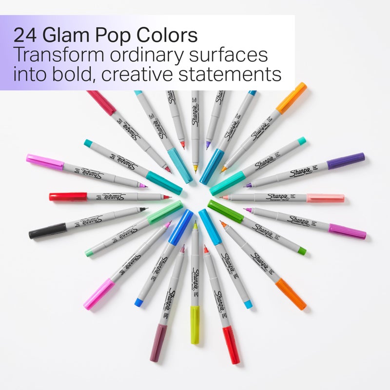 Sharpie Glam Pop Permanent Markers, Ultra Fine Tip Set, Coloring and Drawing, Resilient Ink, Assorted Colors, 24 Count - Image 2