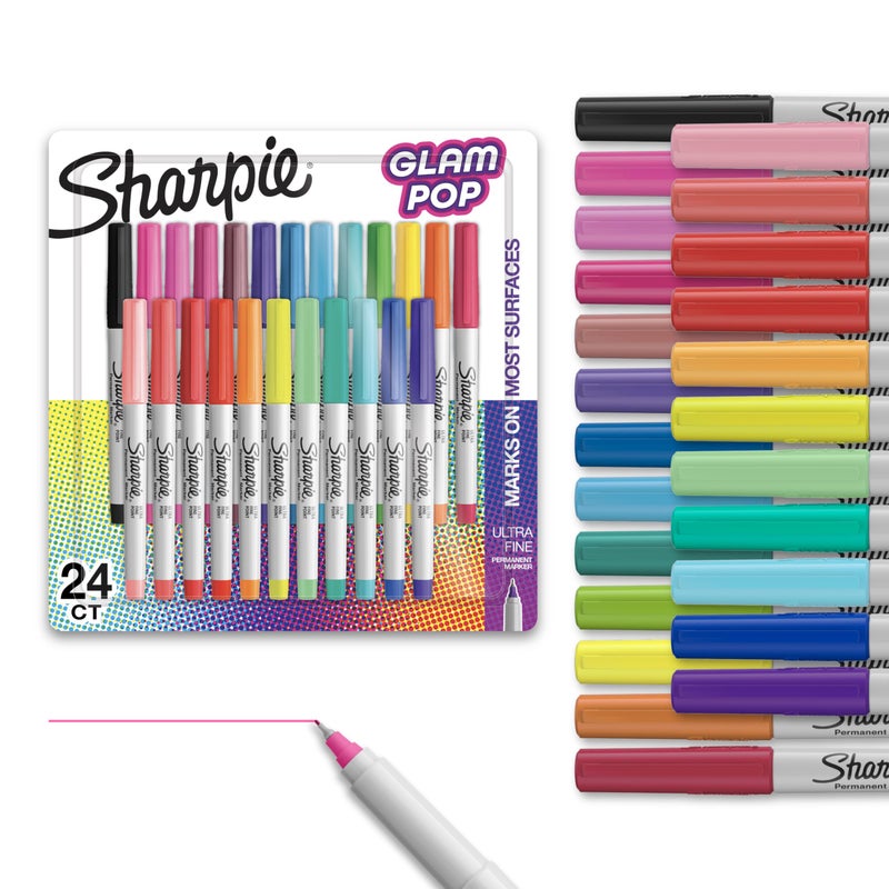 Sharpie Glam Pop Permanent Markers, Ultra Fine Tip Set, Coloring and Drawing, Resilient Ink, Assorted Colors, 24 Count - Image 1