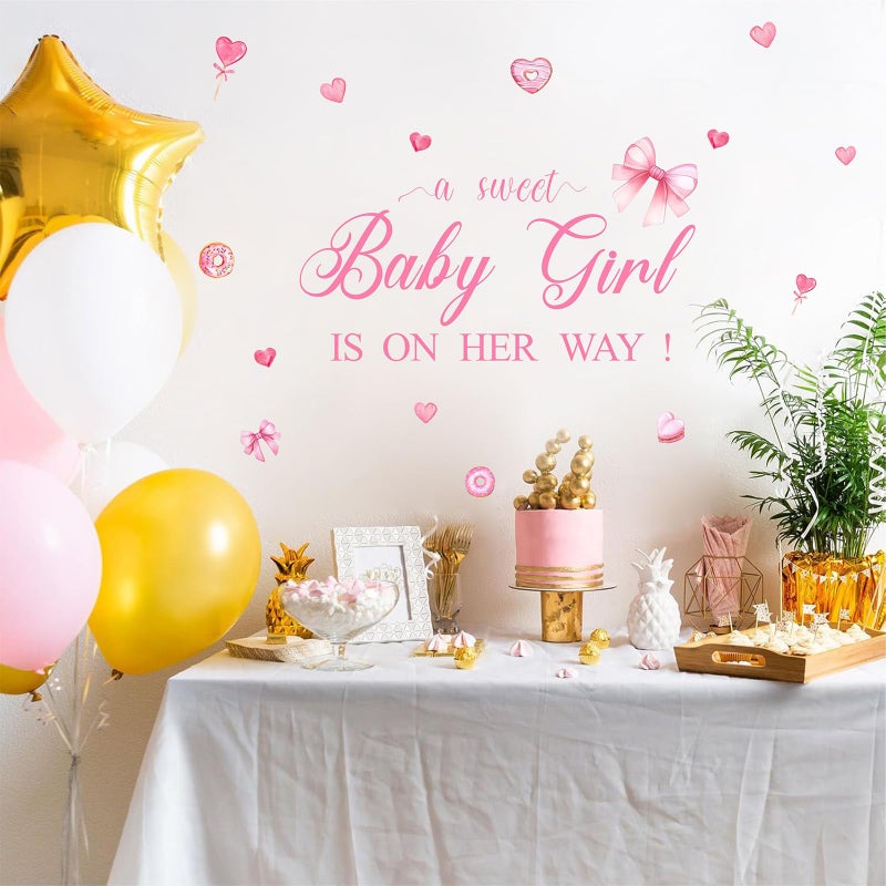 Easu Sweet Baby Girl is on Her Way Baby Shower Party Sign Decals with Heart Pink Bow Theme Decorations - Image 4