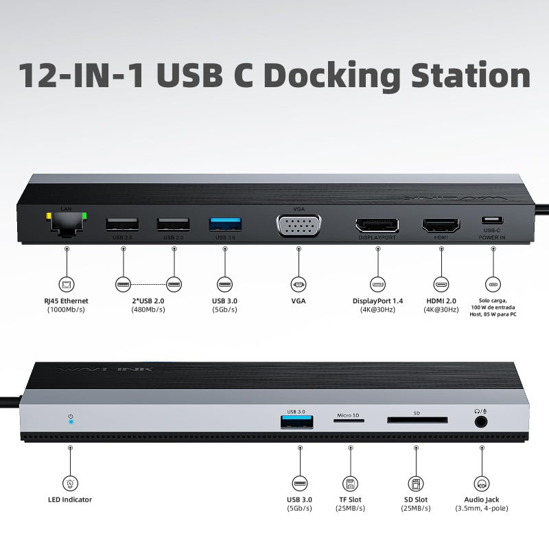 WAVLINK محطة إرساء WAVLINK USB-C لـ 3 شاشات، محطة إرساء مع HDMI، DP، VGA، 100W PD، USB3.0&2.0، RJ45، فتحات SD/TF، صوت/ميكروفون لـ Lenovo/HP/Dell وغيرها - رمادي - Image 2