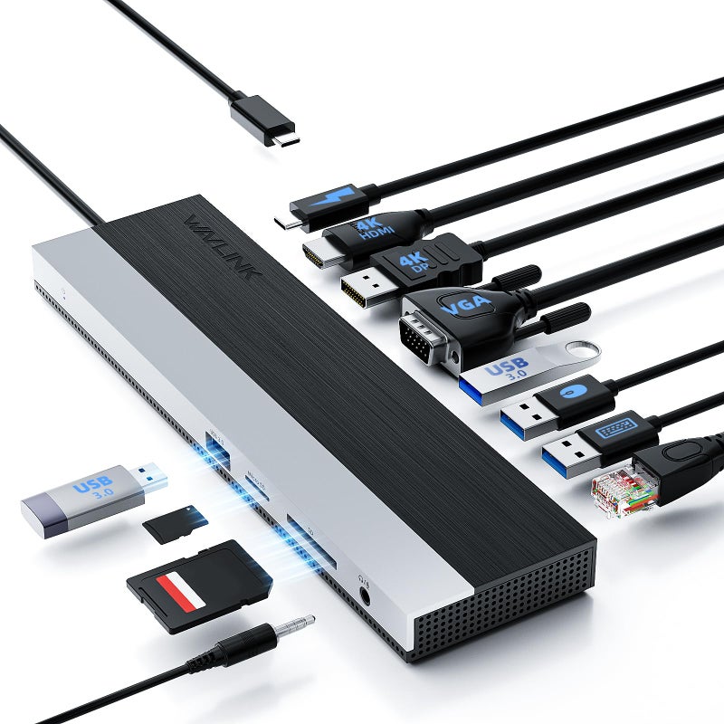 WAVLINK محطة إرساء WAVLINK USB-C لـ 3 شاشات، محطة إرساء مع HDMI، DP، VGA، 100W PD، USB3.0&2.0، RJ45، فتحات SD/TF، صوت/ميكروفون لـ Lenovo/HP/Dell وغيرها - رمادي - Image 1