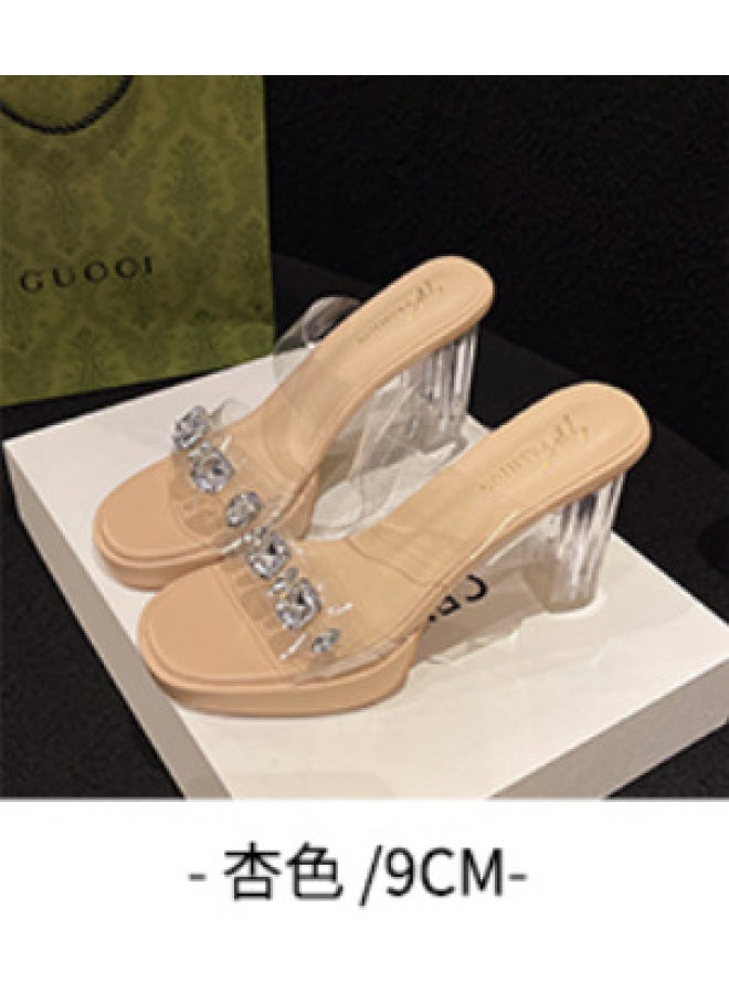 High Heel Shoes Women's  Summer New Arrival French Style Thick Heel Rhinestone Transparent Crystal Sandals Women's Slippers Women's Shoes