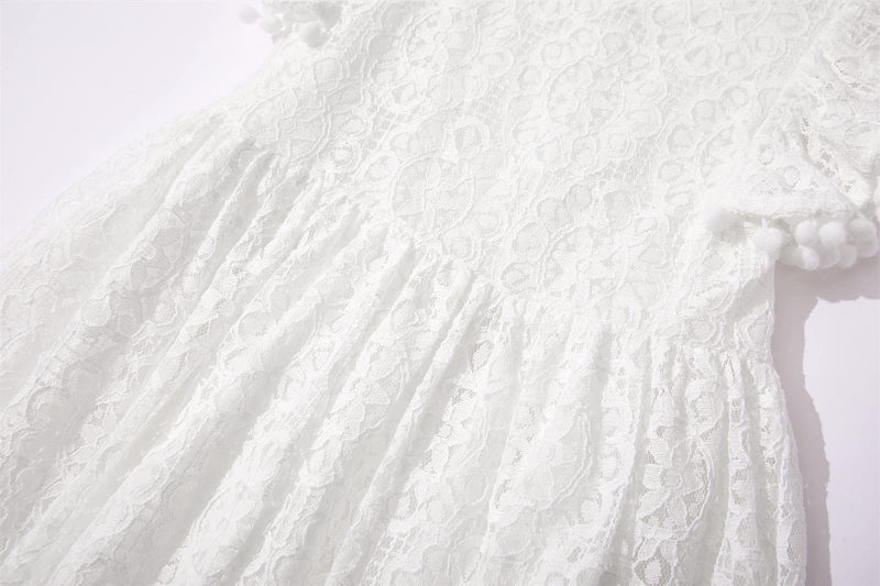 Niyage Toddler Girls Elegant Lace Pom Pom Flutter Sleeve Party Princess Dress White 140 - Image 4