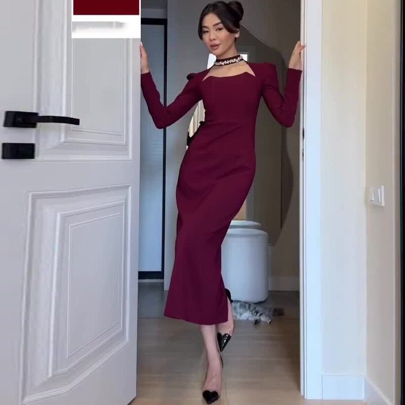 أوتوم إكسبورت فساتين نسائية مرصعة بالألماس ذات أكمام طويلة أنيقة ضيقة تحتضن الوركين وتنورة طويلة - Image 2
