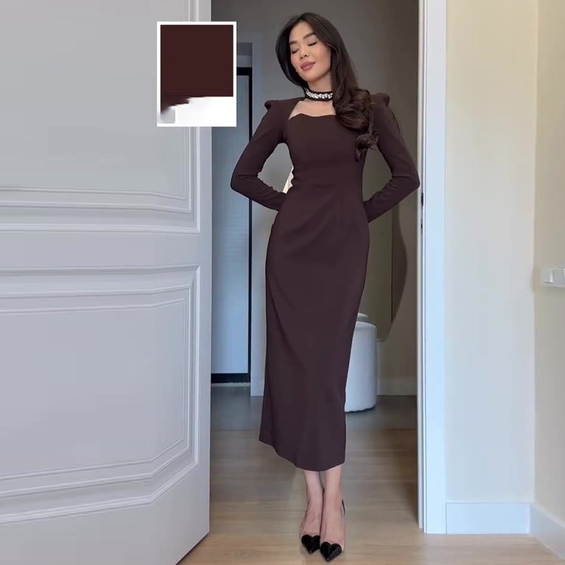 أوتوم إكسبورت فساتين نسائية مرصعة بالألماس ذات أكمام طويلة أنيقة ضيقة تحتضن الوركين وتنورة طويلة - Image 3
